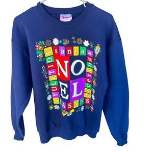 Hanes Christmas Sweater Womens Medium‎ Blue Noel Blocks Crewneck Sweatshirt
